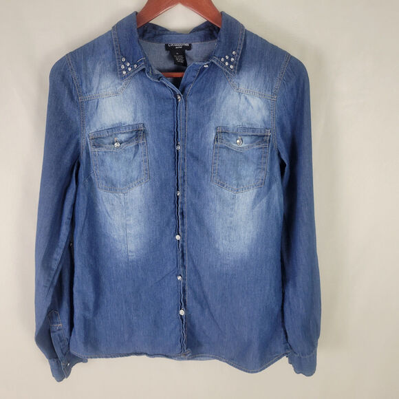 Cotton Express Shirt Womens Large Petite‎ Blue Top Chambray Roll Tab Button Up - Picture 1 of 15
